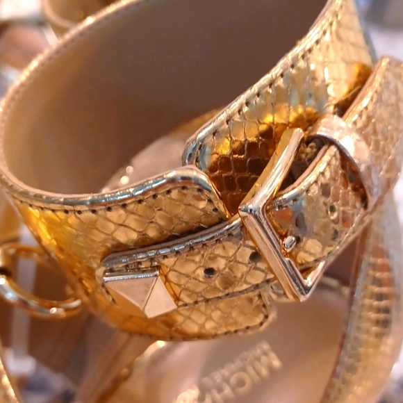 Michael Kors Amos Gold Leather & Hardware Sandals Slide Shoes Heels Pump NEW - Picture 9 of 15